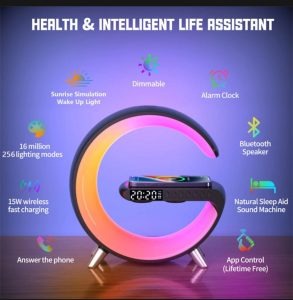 G Shape Bluetooth Speaker Multifunctional Lamp Digital Alarm Wirless Charging Memory Card Supported