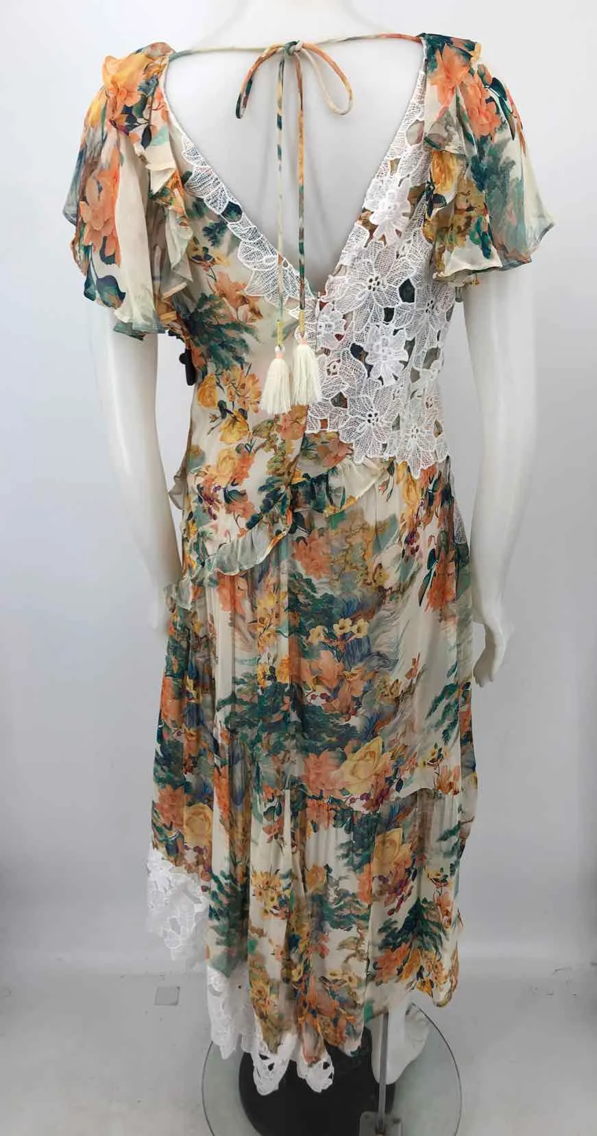 ANTHROPOLOGIE Cream Peach Multi Crochet trim Floral Ruffle Size 8  (M) Dress