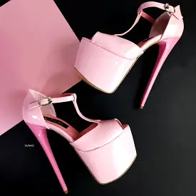 Baby Pink T-strap Platform High Heels