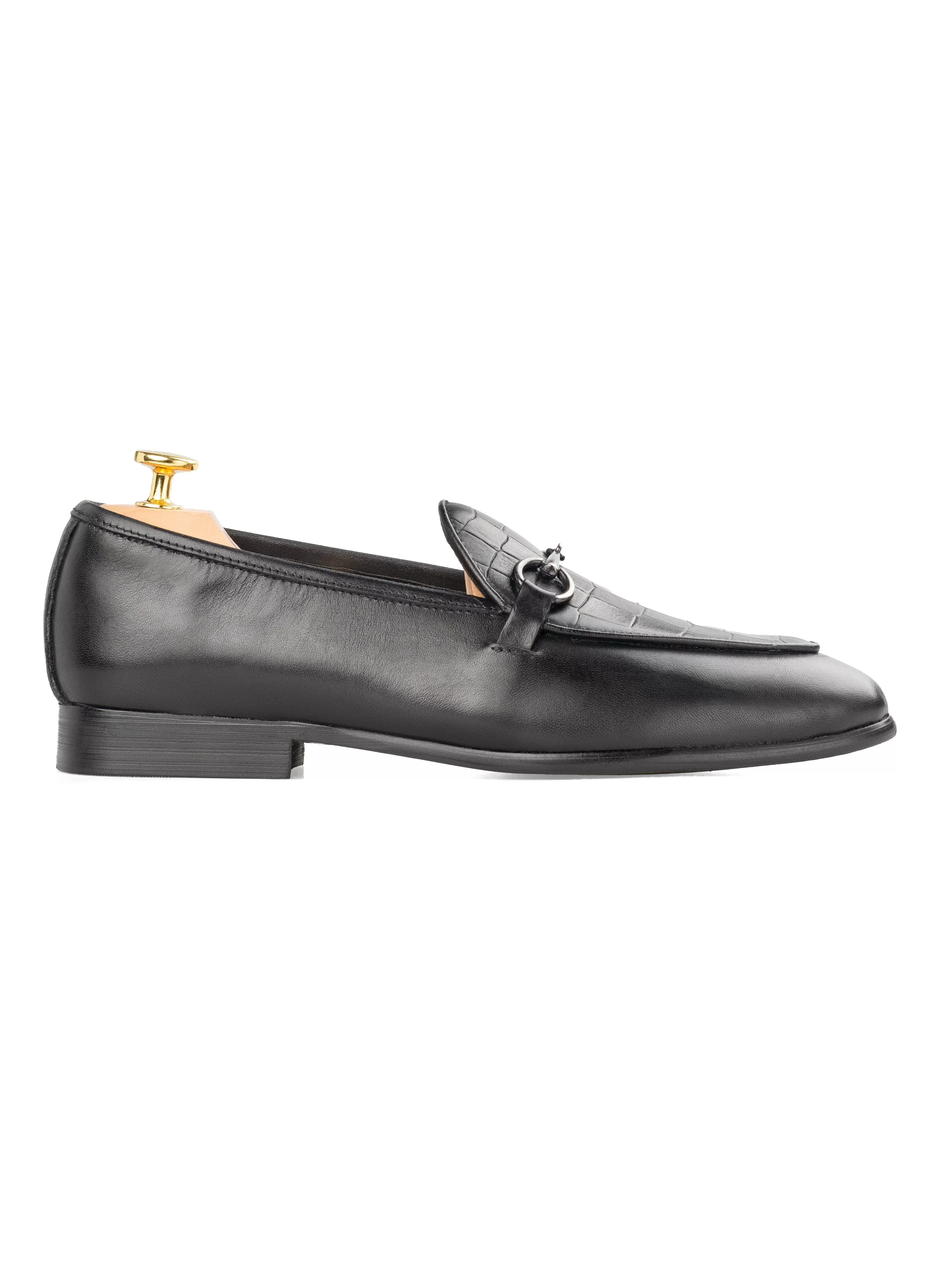 Belgian Loafer Horsebit Buckle - Solid Black & Croco (Silver Buckle)