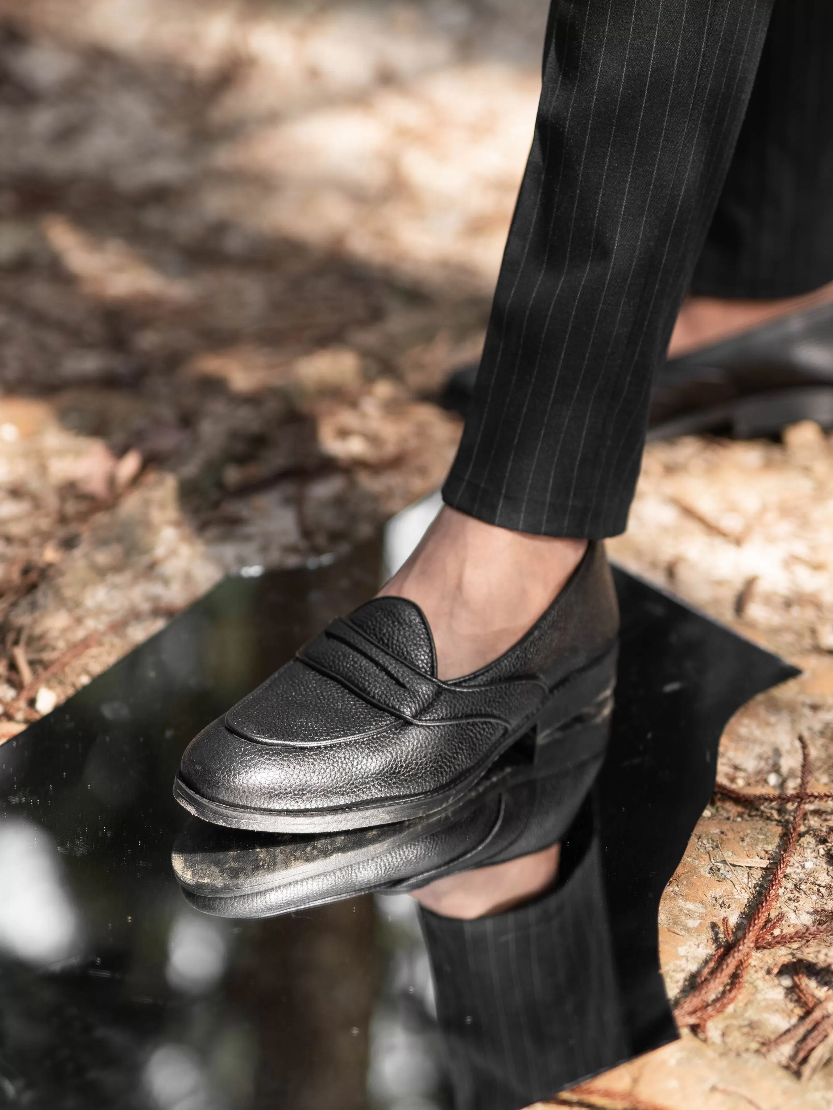 Belgian Loafer with Penny - Black Pebble Grain Leather (Flexi-Sole)