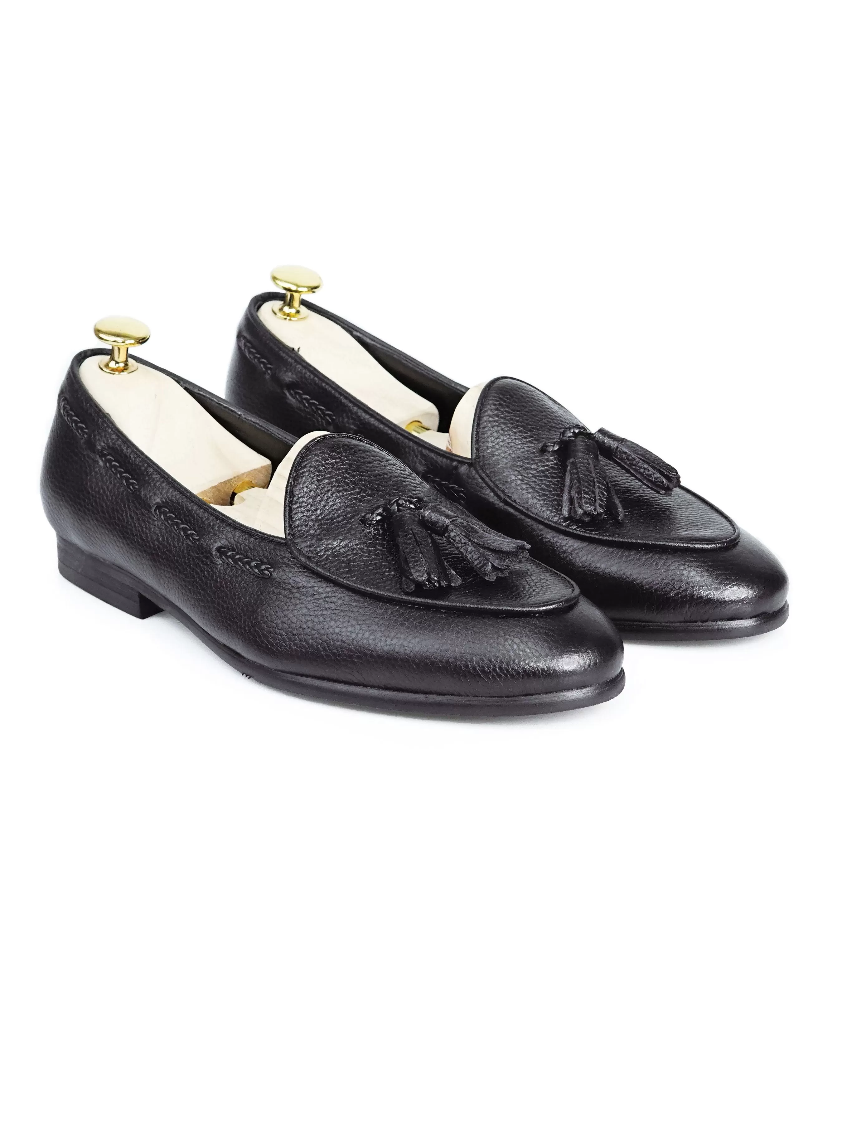 Belgian Loafer With Tassel - Black Pebble Grain Leather