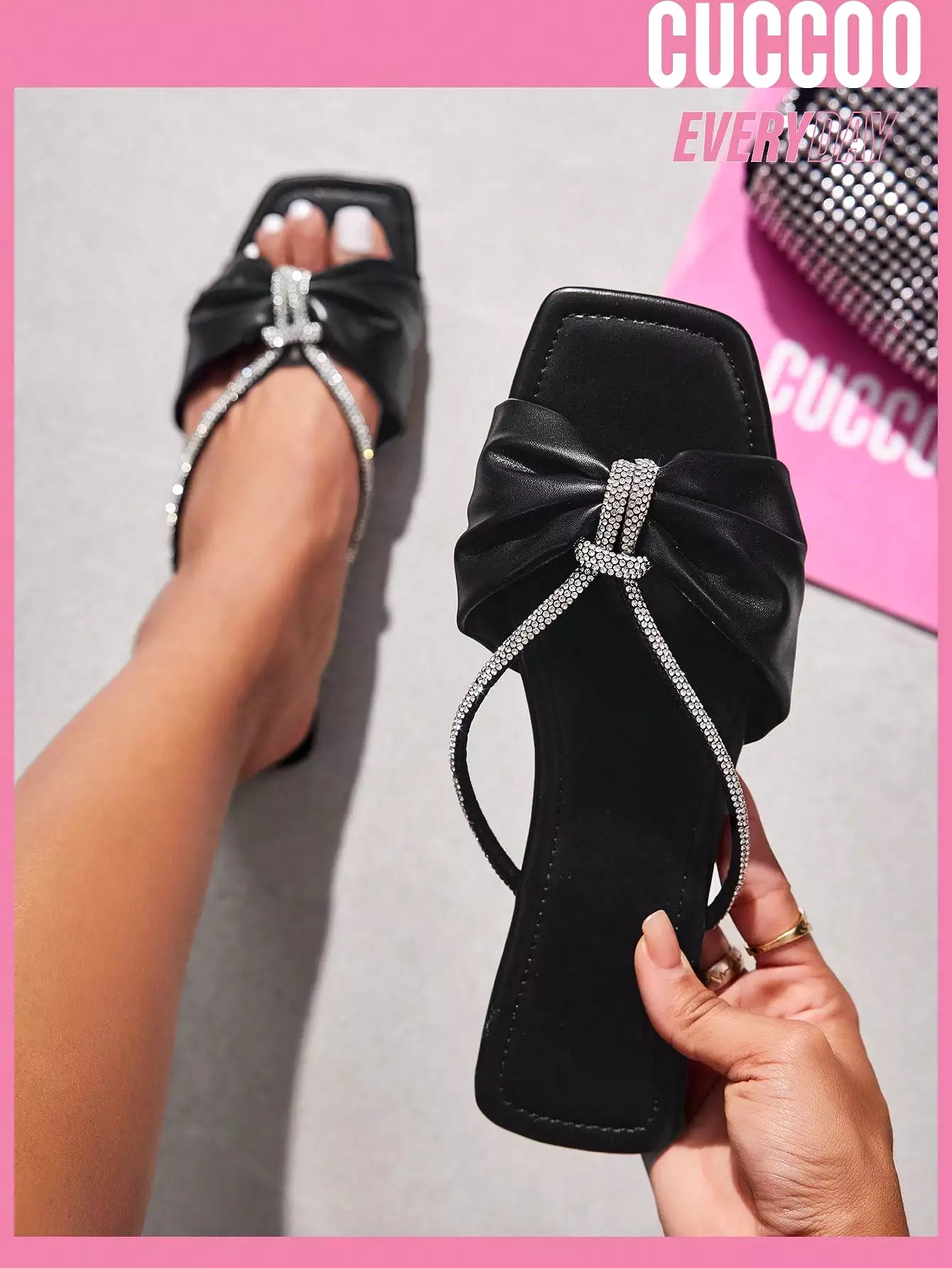 Black Rhinestone Fashionable Flat Woman Shoes Sandals For Spring And Summer