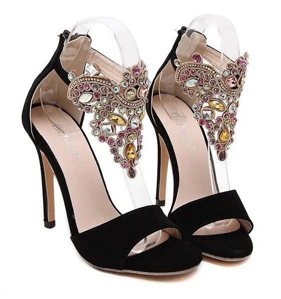 Black Suede Gold Ankle Rhinestiones Diamote Gladiator Wedding High Stiletto Heels Pumps Sandals Shoes