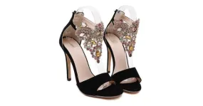 Black Suede Gold Ankle Rhinestiones Diamote Gladiator Wedding High Stiletto Heels Pumps Sandals Shoes