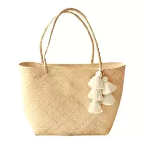 Borneo Serena Straw Tote Bag With Nude Beige Pom-Poms