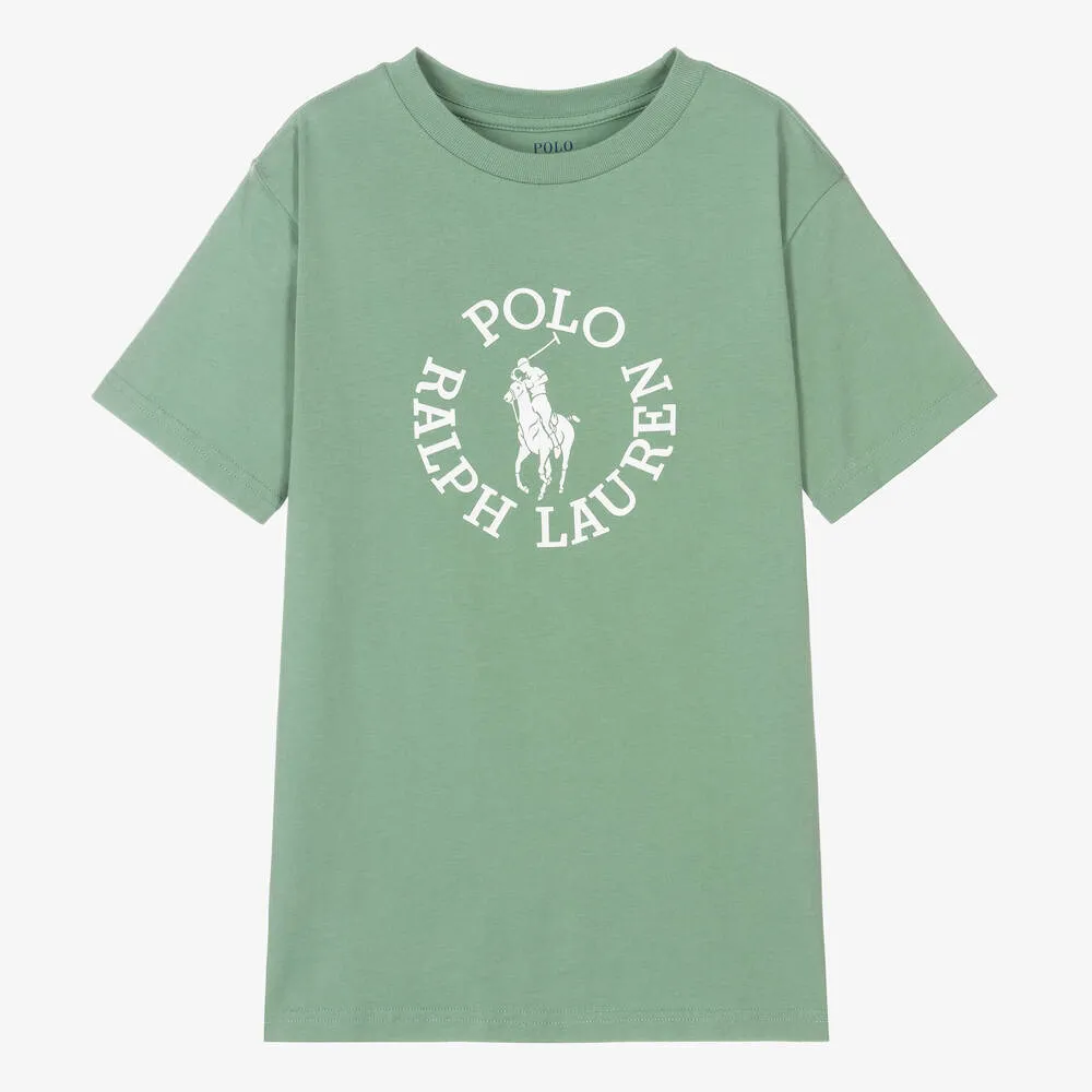 Boys Green Cotton Big Pony Logo T-Shirt