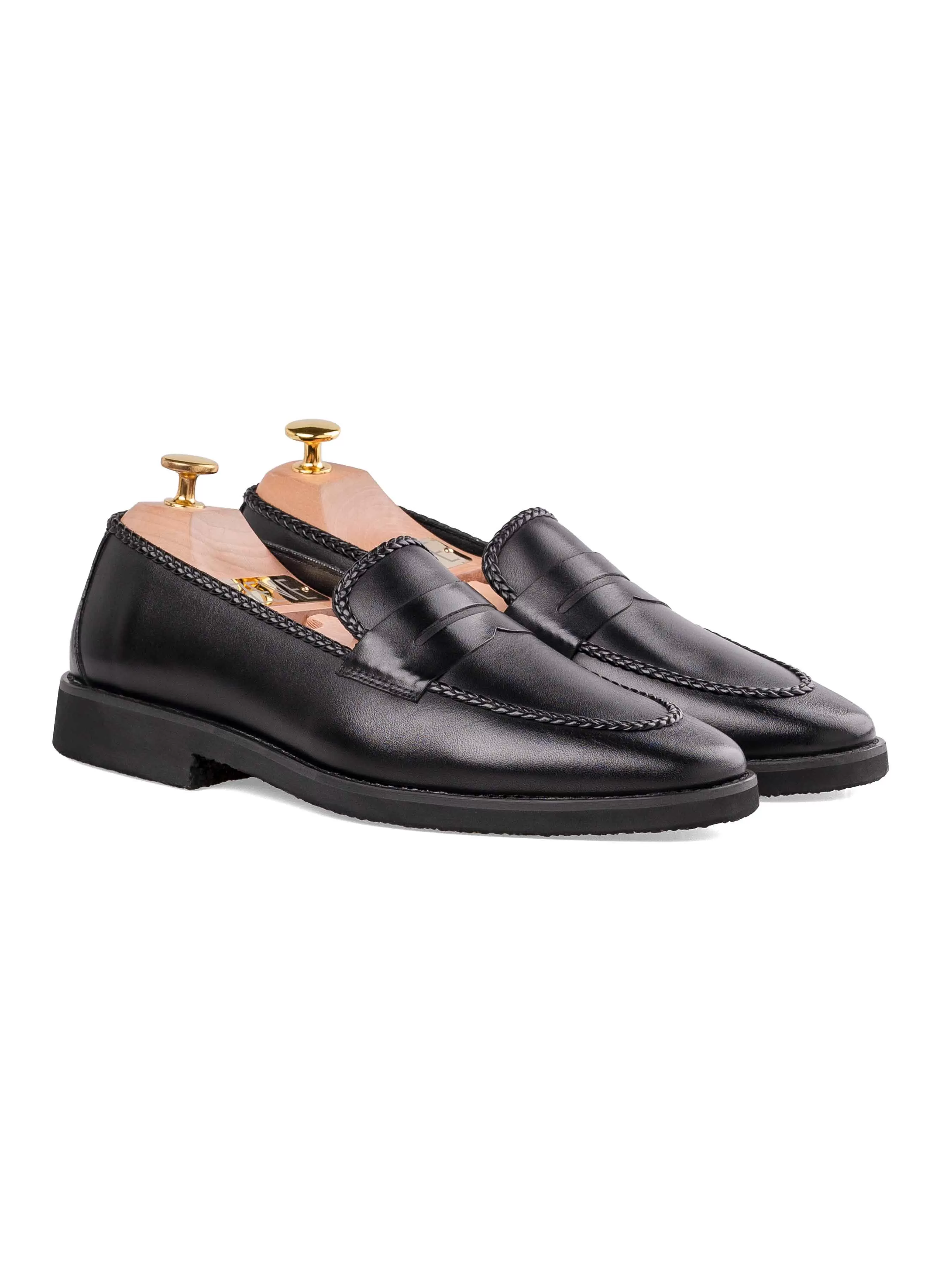 Braided Penny Loafer - Solid Black (Crepe Sole)