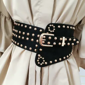 Cool Luxury Rivets Wide Belt Elastic Waistband Brilliant Women Punk Waist Belt