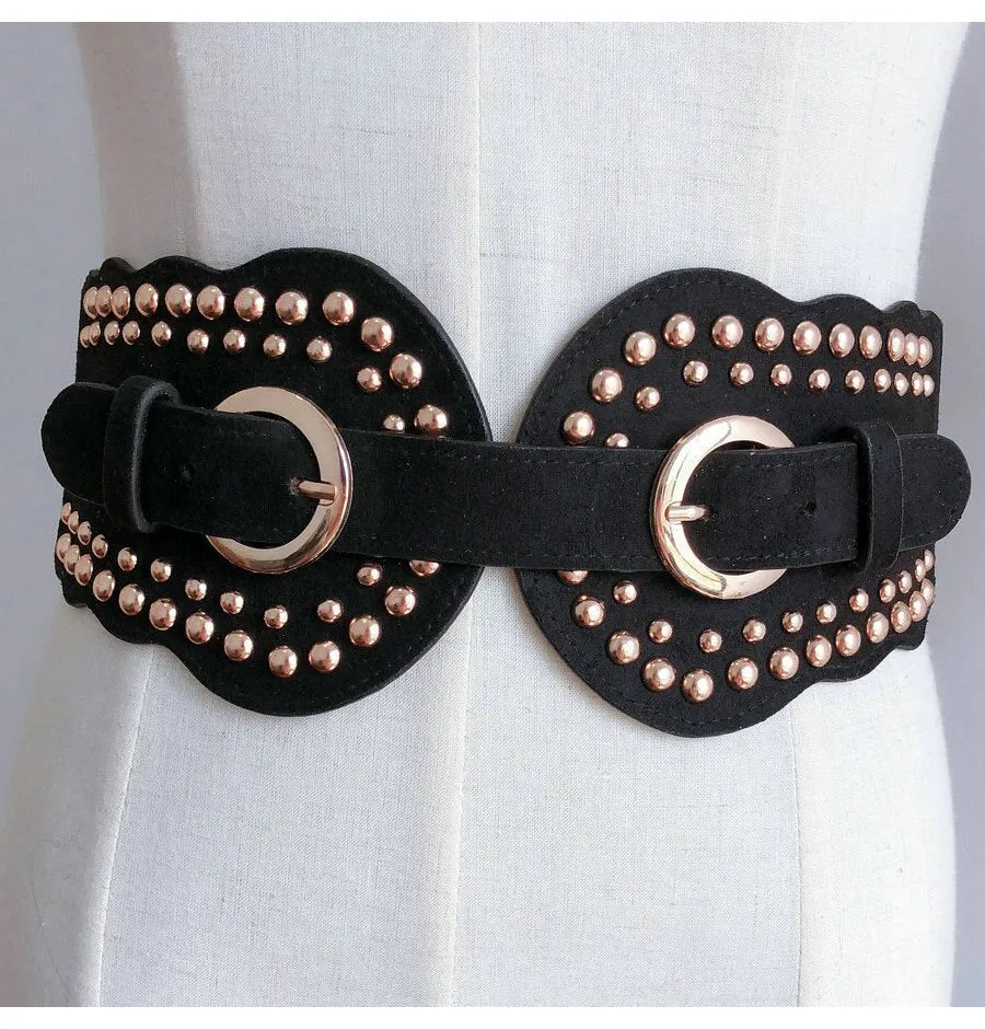 Cool Luxury Rivets Wide Belt Elastic Waistband Brilliant Women Punk Waist Belt