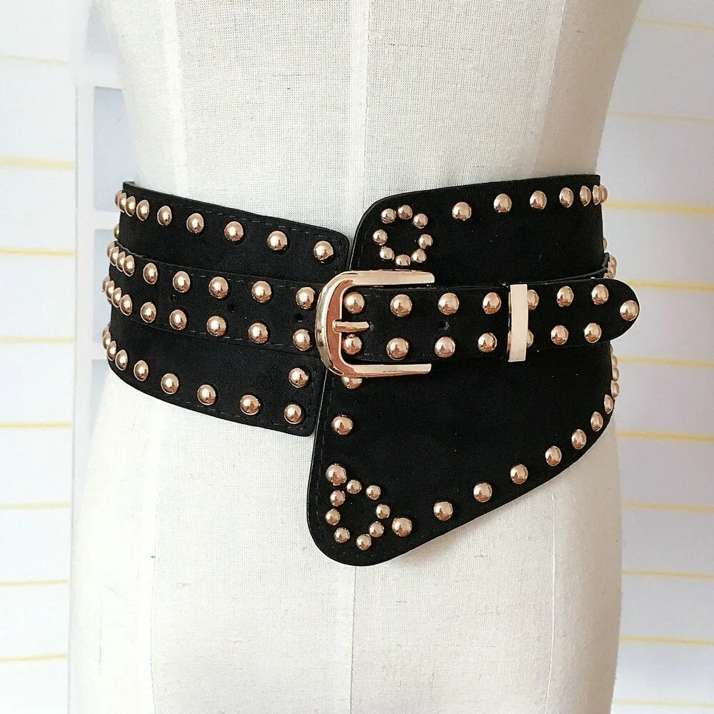 Cool Luxury Rivets Wide Belt Elastic Waistband Brilliant Women Punk Waist Belt