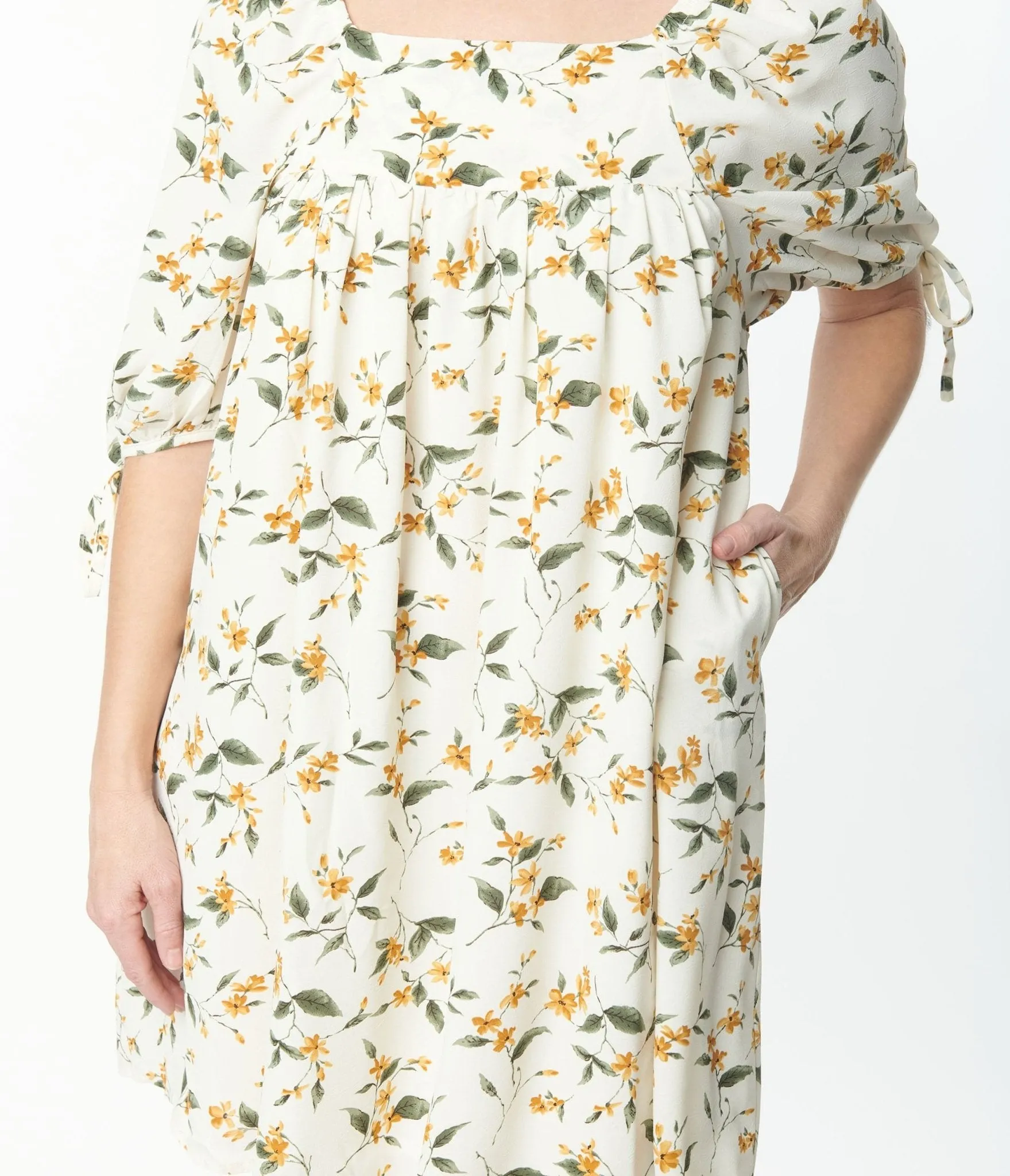 Cream Floral Square Neck Dress