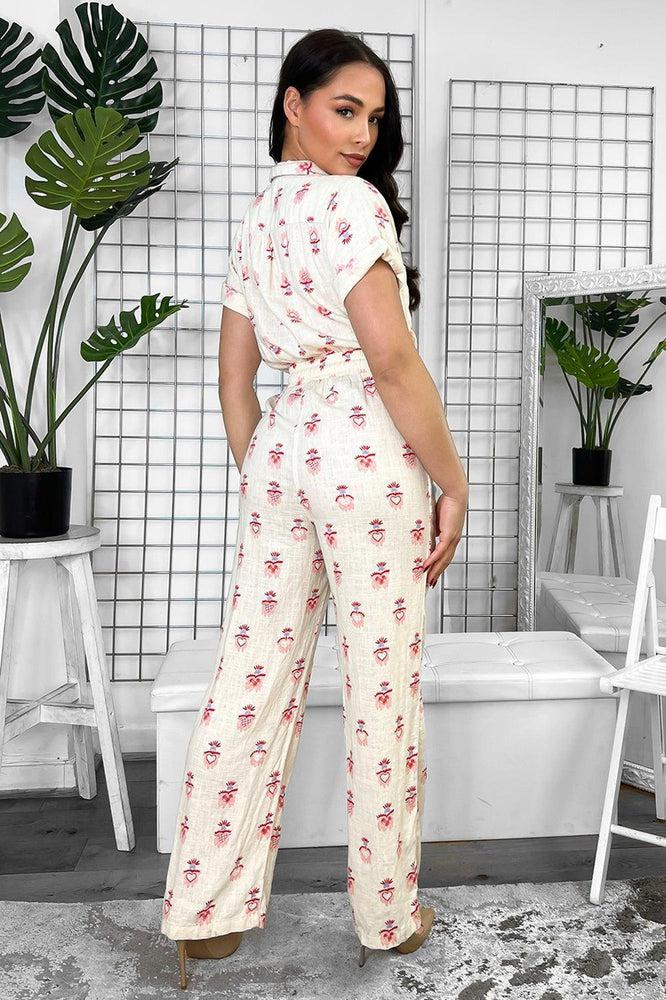 Cream Linen Blend Floral Print Buttoned Down Jumpsuit