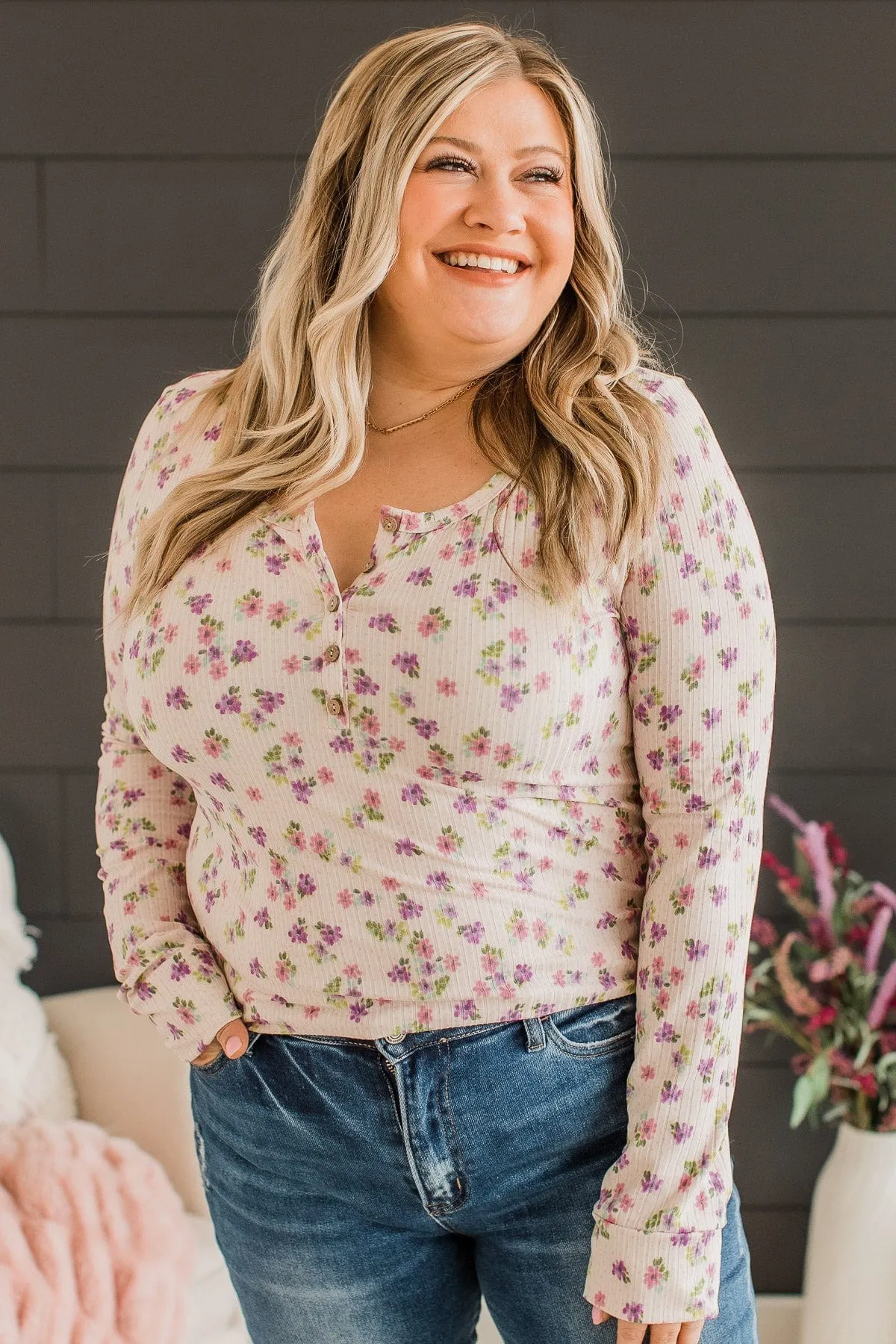 Everlasting Hope Floral Henley Top- Cream & Lavender