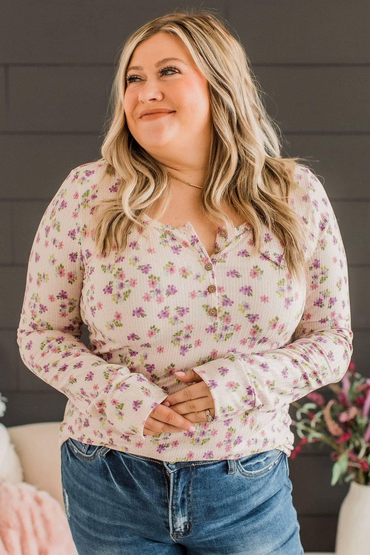 Everlasting Hope Floral Henley Top- Cream & Lavender