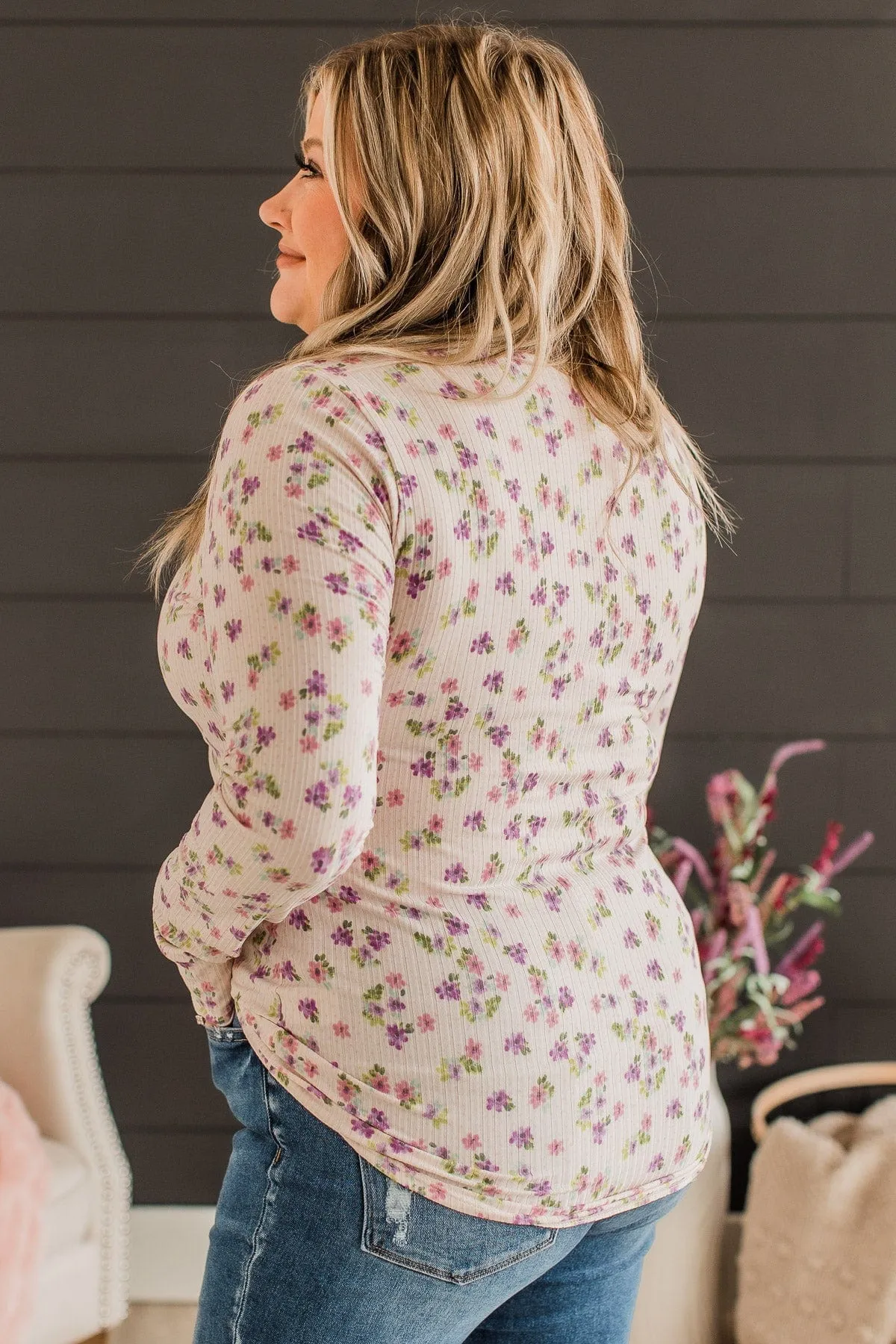 Everlasting Hope Floral Henley Top- Cream & Lavender