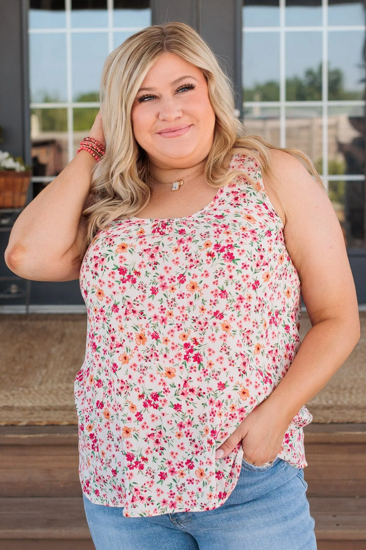 Eye Catching Beauty Floral Tank- Cream