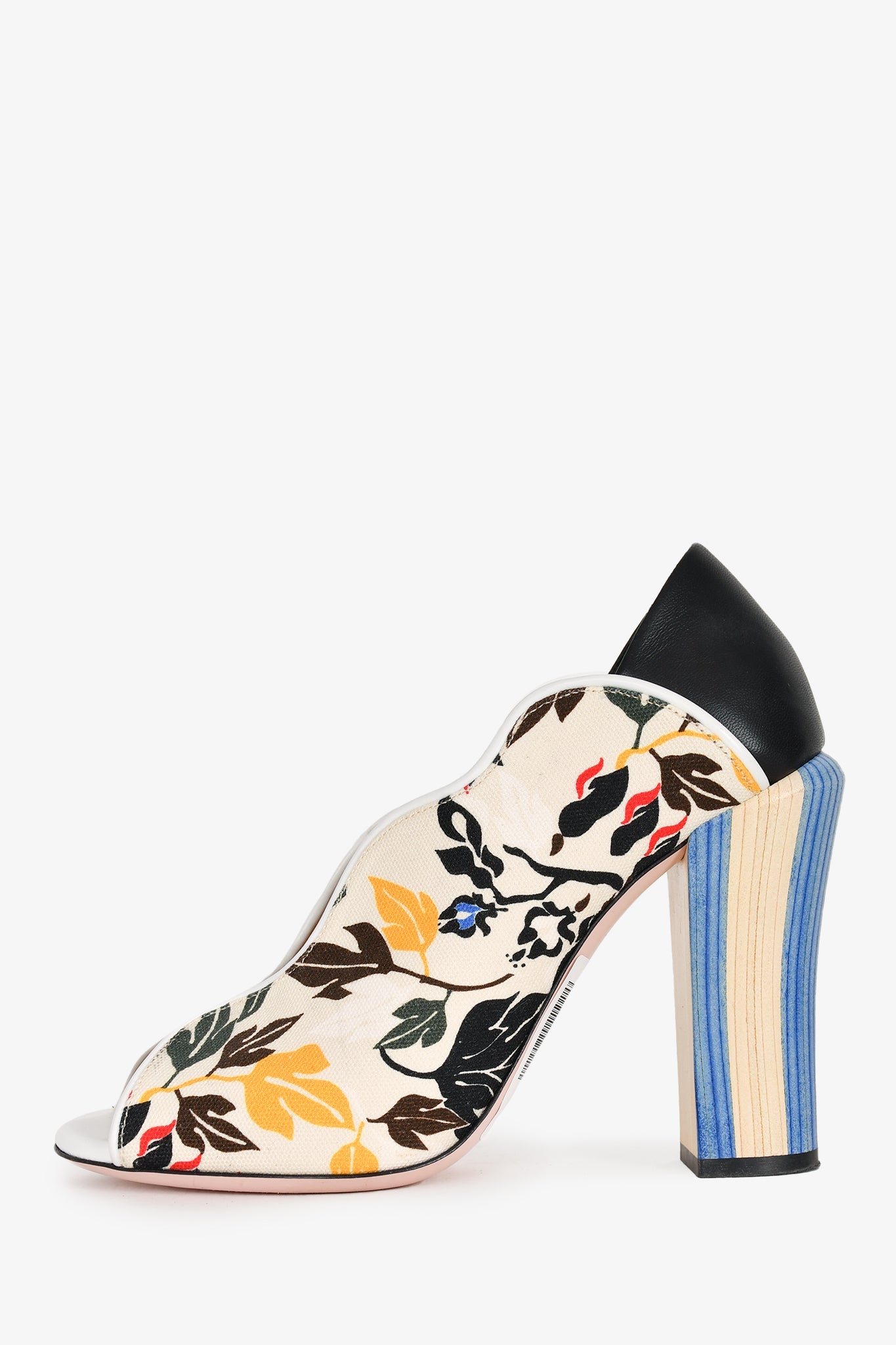 Fendi Cream/Blue Canvas Floral Peep-Toe Heels Size 38