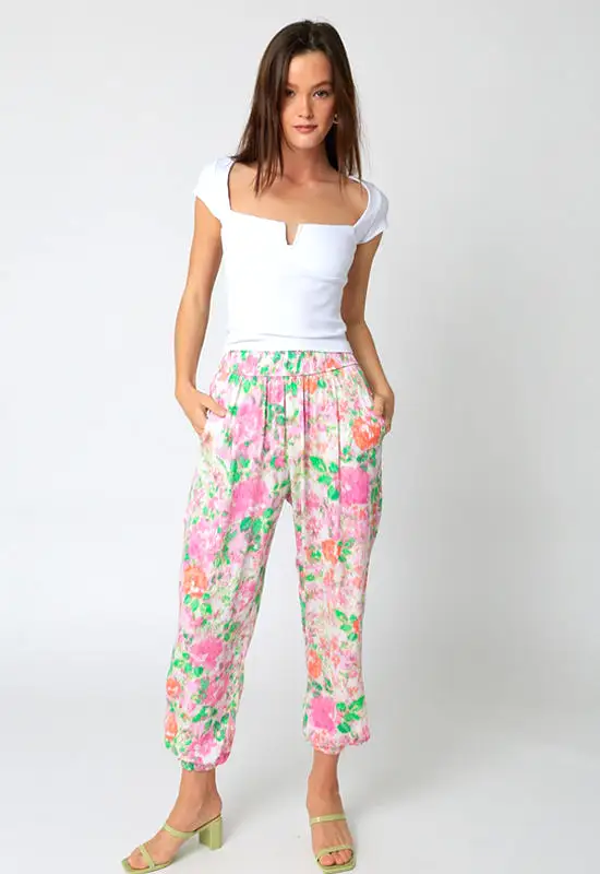 Floral Pant - Cream Pink Green Floral Print