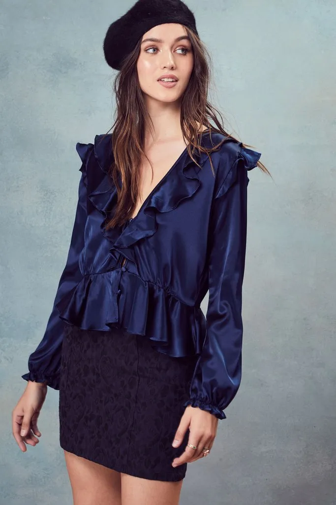 For Love and Lemons Bette Open Back Blouse Navy