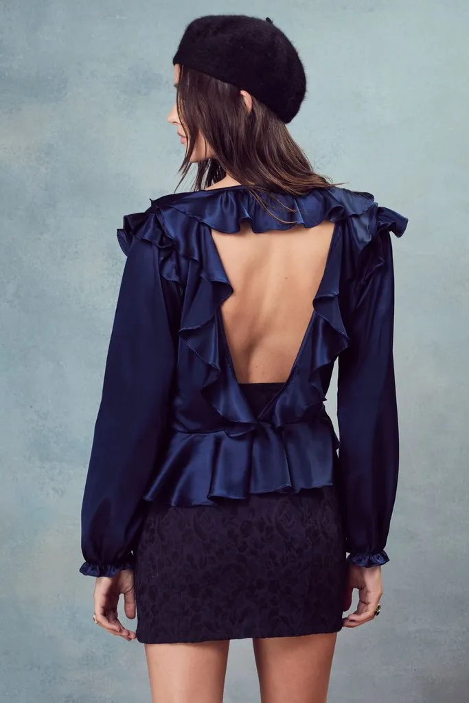 For Love and Lemons Bette Open Back Blouse Navy