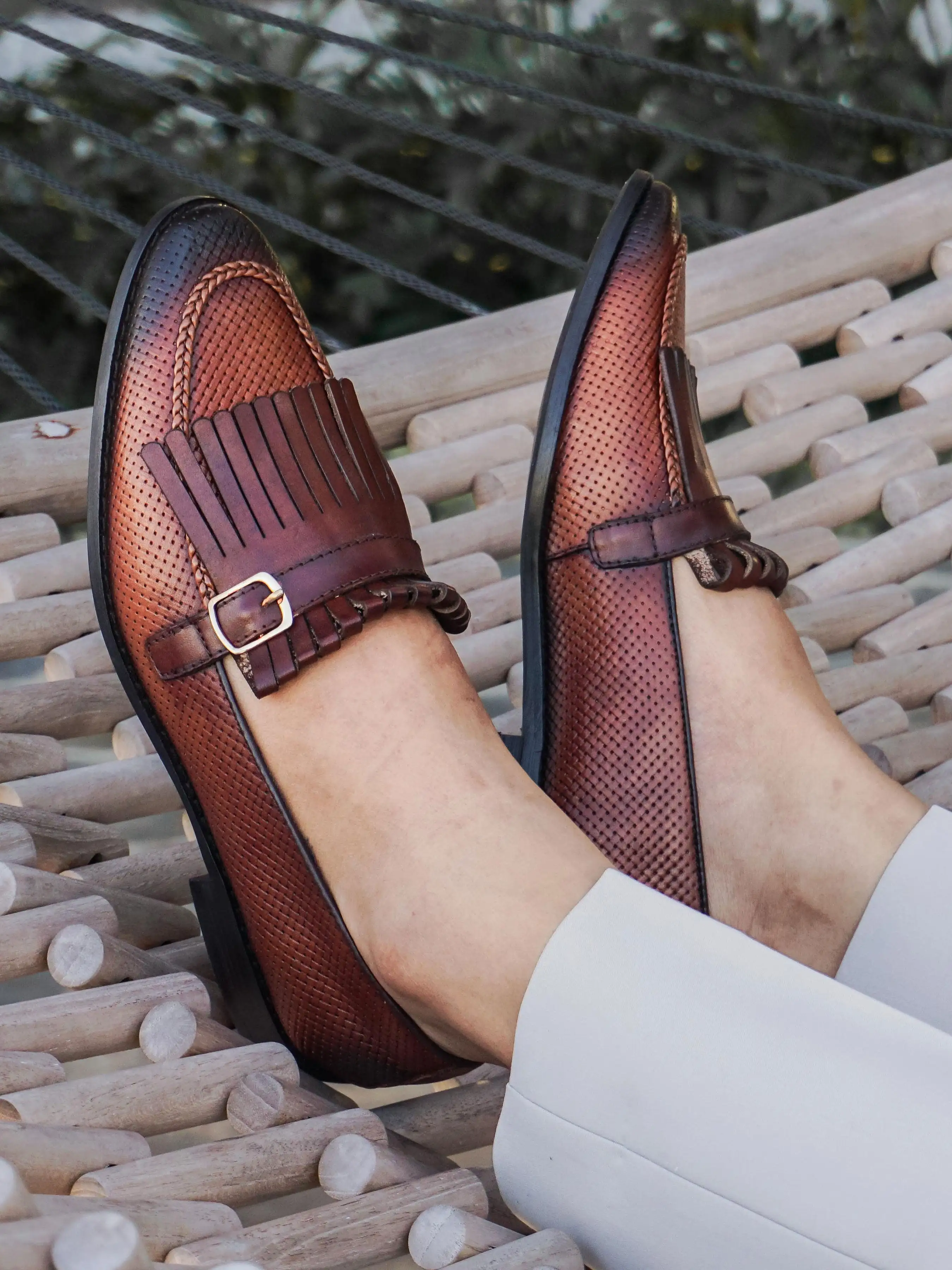 Fringe Kiltie Loafer - Cognac Tan Woven Leather with Side Buckle (Hand Painted Patina)