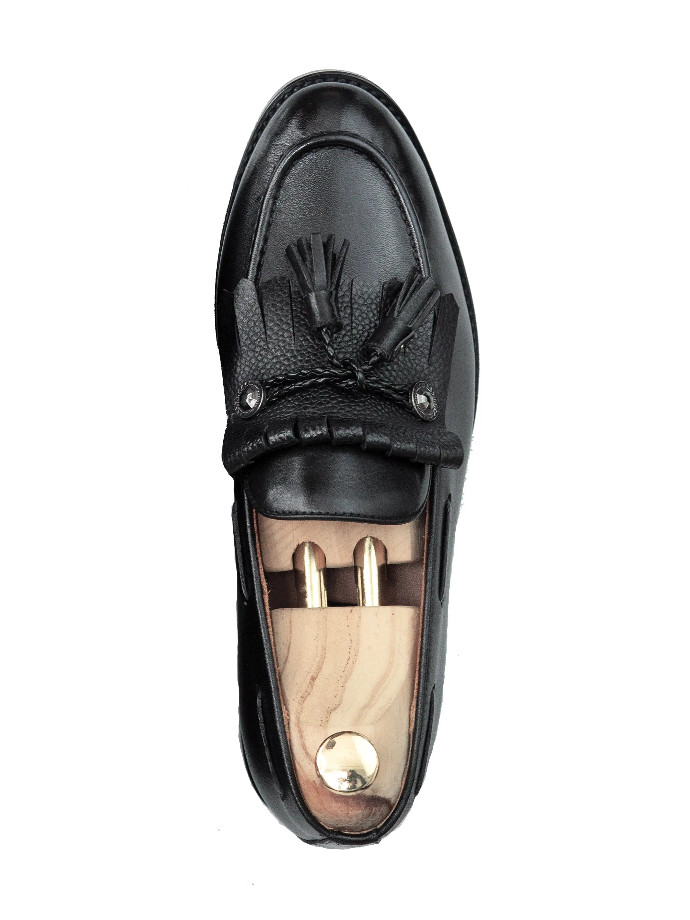 Fringe Ribbon Loafer - Black with Tassel (Hand Painted Patina)