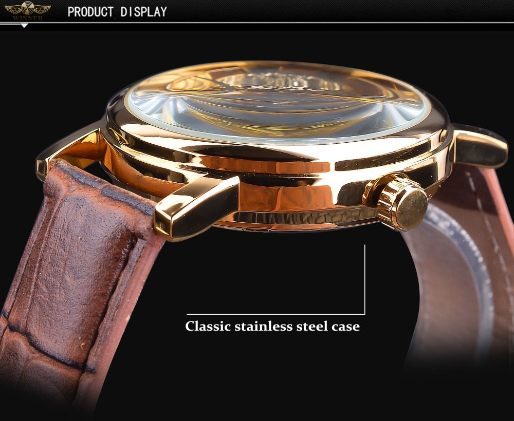 Golden Case Luxury Casual Design Brown Leather Strap Men Watches