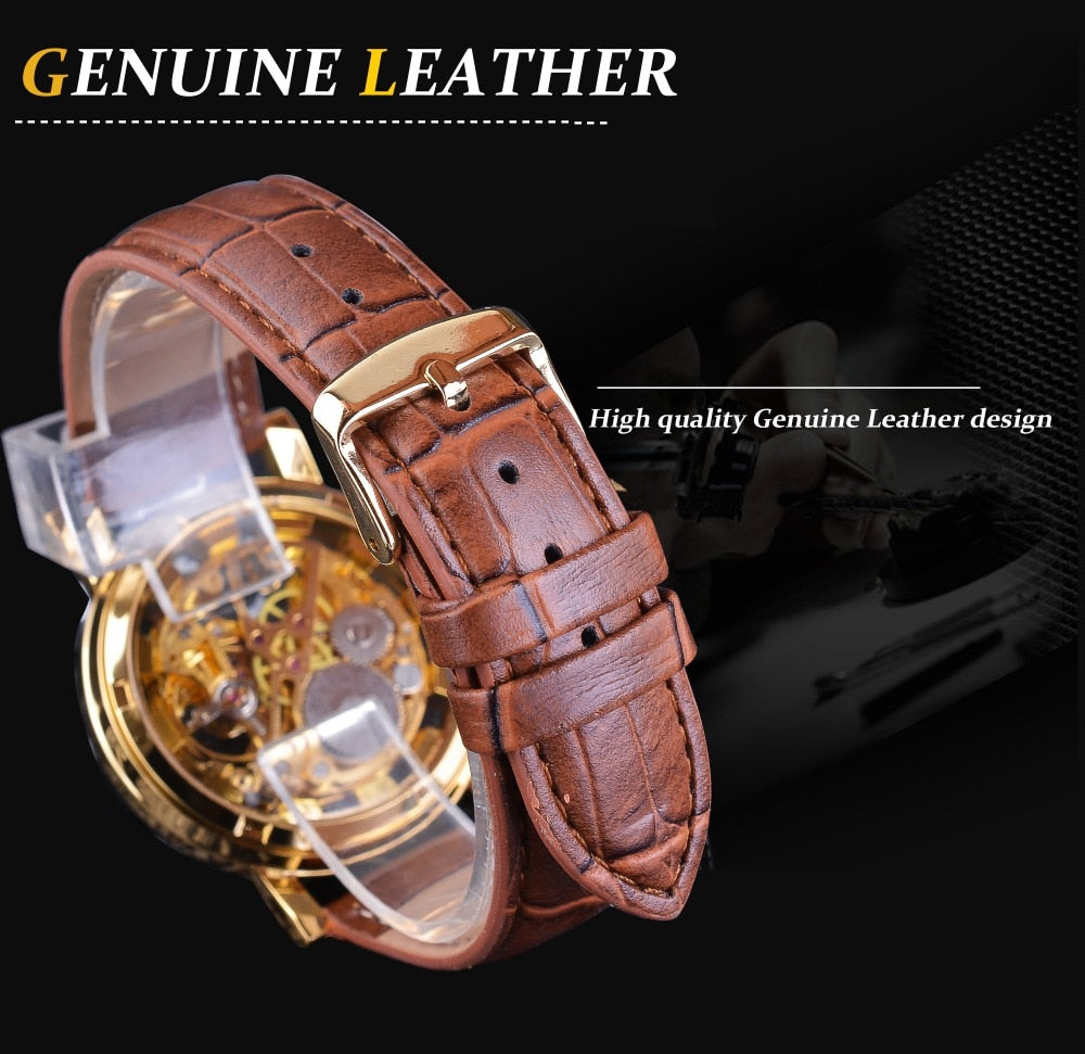 Golden Case Luxury Casual Design Brown Leather Strap Men Watches