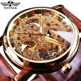 Golden Case Luxury Casual Design Brown Leather Strap Men Watches