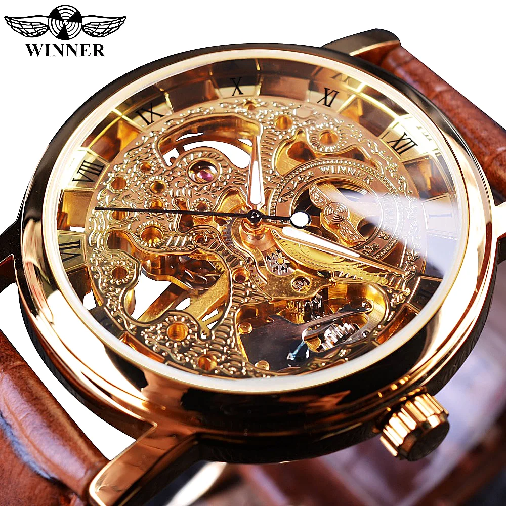 Golden Case Luxury Casual Design Brown Leather Strap Men Watches