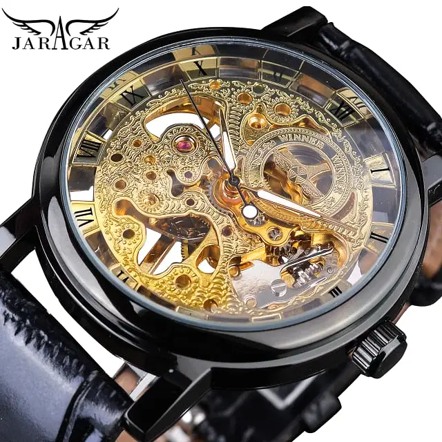 Golden Case Luxury Casual Design Brown Leather Strap Men Watches