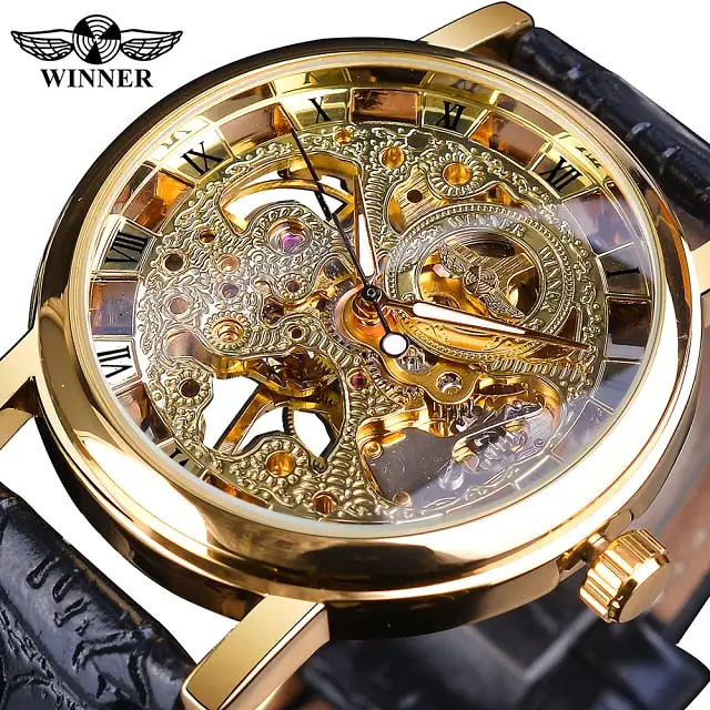 Golden Case Luxury Casual Design Brown Leather Strap Men Watches