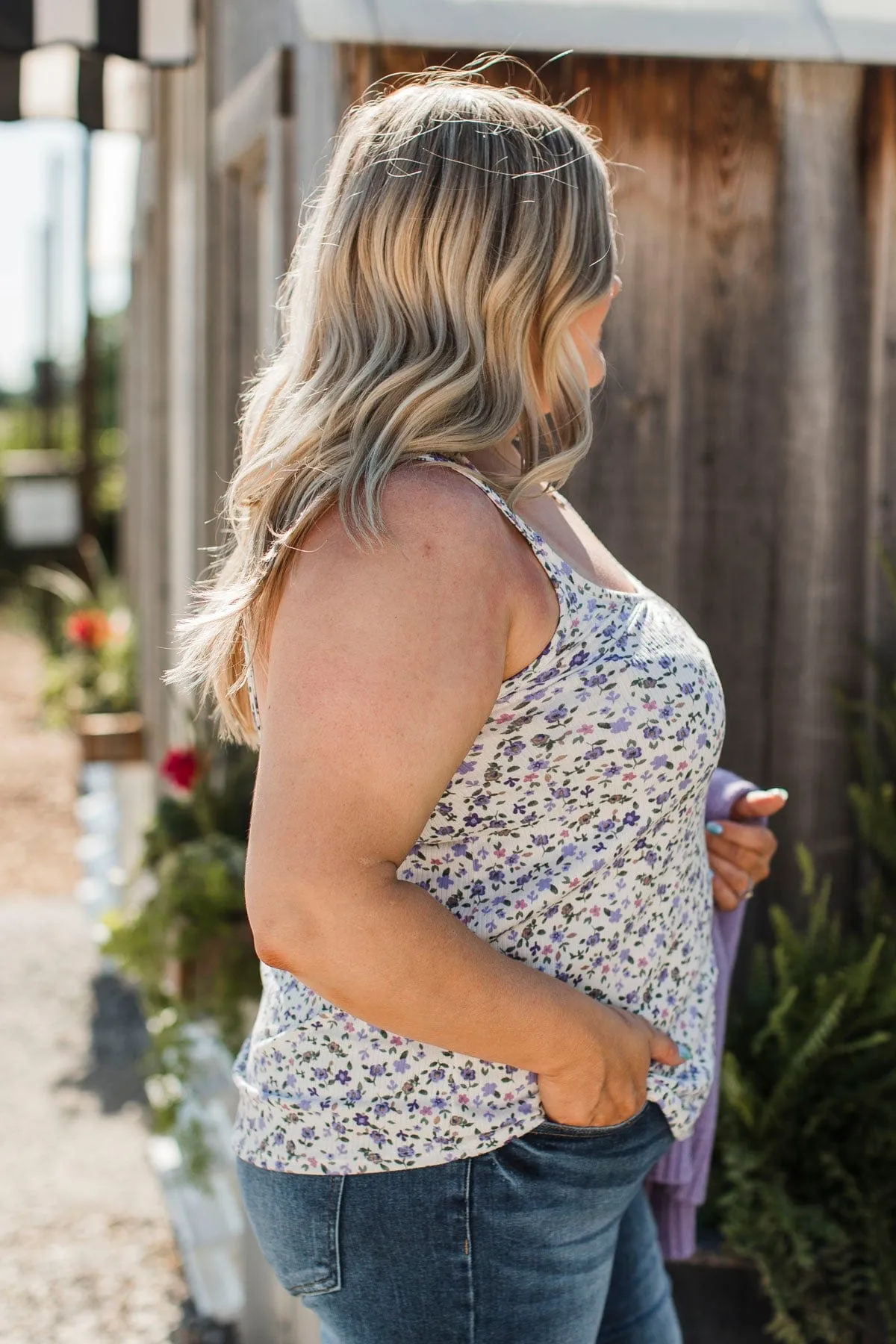 Leave You In Awe Floral Tank Top- Cream & Purple