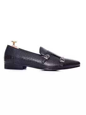 Loafer Slipper - Black Double Monk Strap with Woven Leather