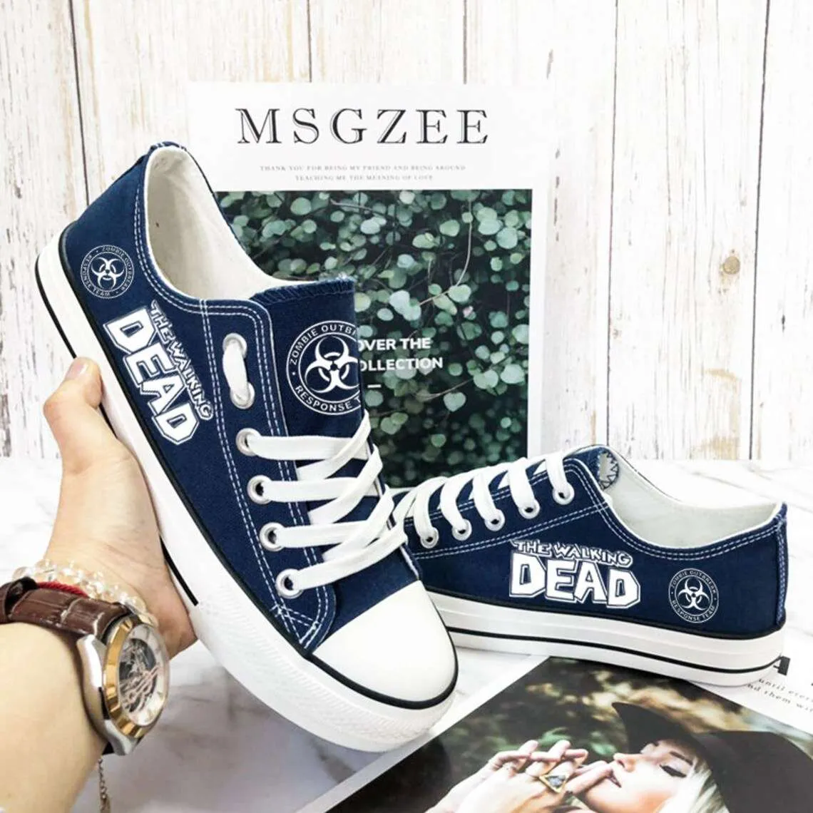 Love The Walking Dead Blue Sneakers Casual Canvas Low Top Converse Shoes For Halloween