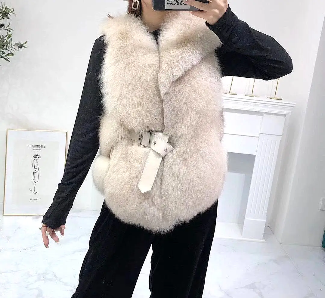 Luxury Soft Fox Fur Gilet With Leather Belt