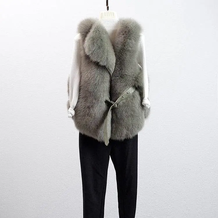 Luxury Soft Fox Fur Gilet With Leather Belt