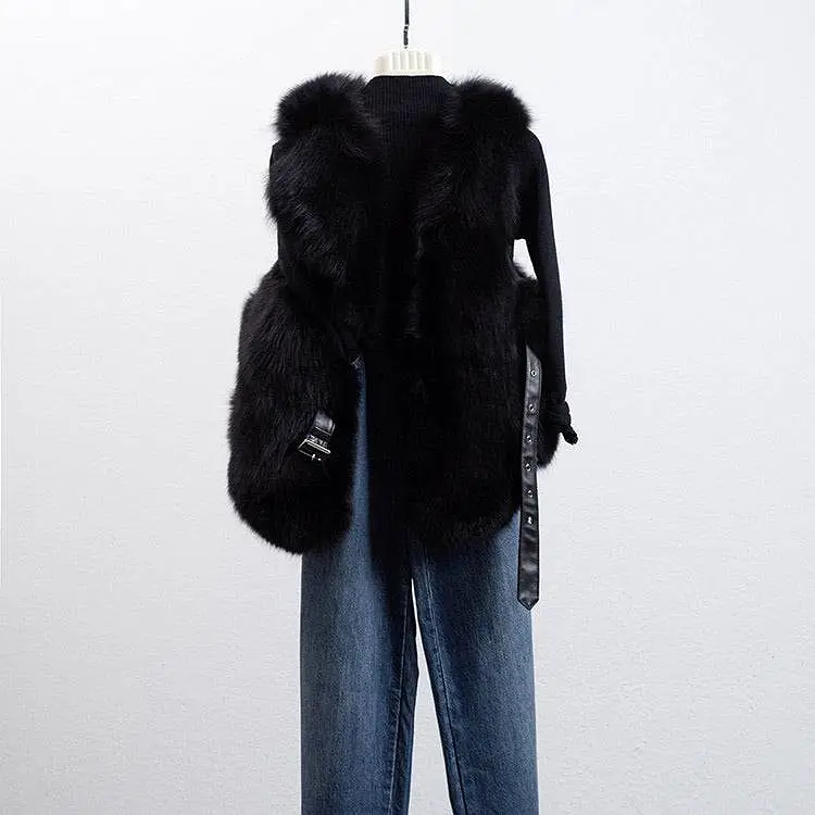 Luxury Soft Fox Fur Gilet With Leather Belt