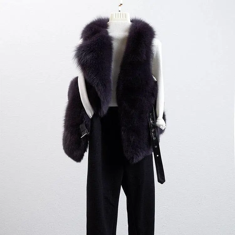 Luxury Soft Fox Fur Gilet With Leather Belt