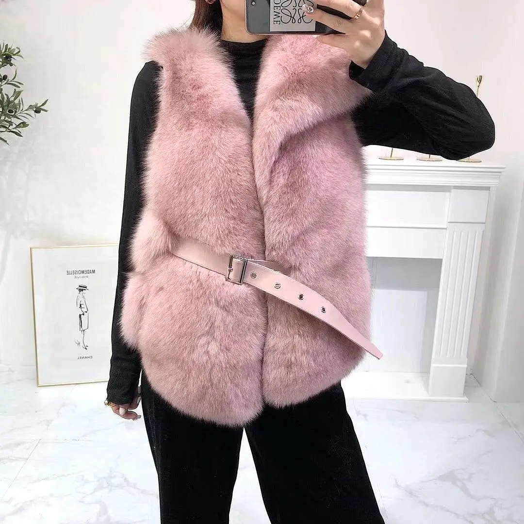 Luxury Soft Fox Fur Gilet With Leather Belt