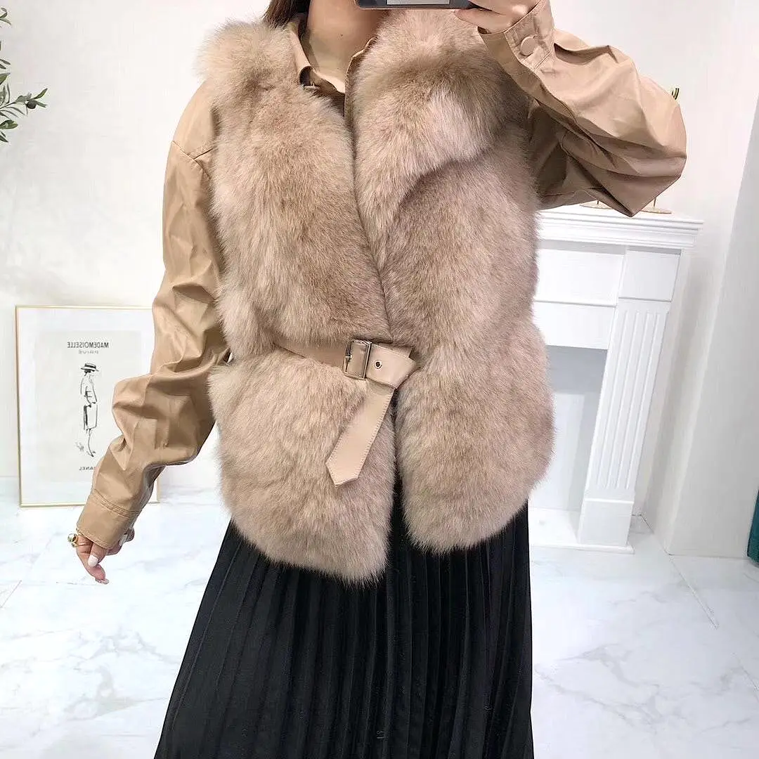 Luxury Soft Fox Fur Gilet With Leather Belt