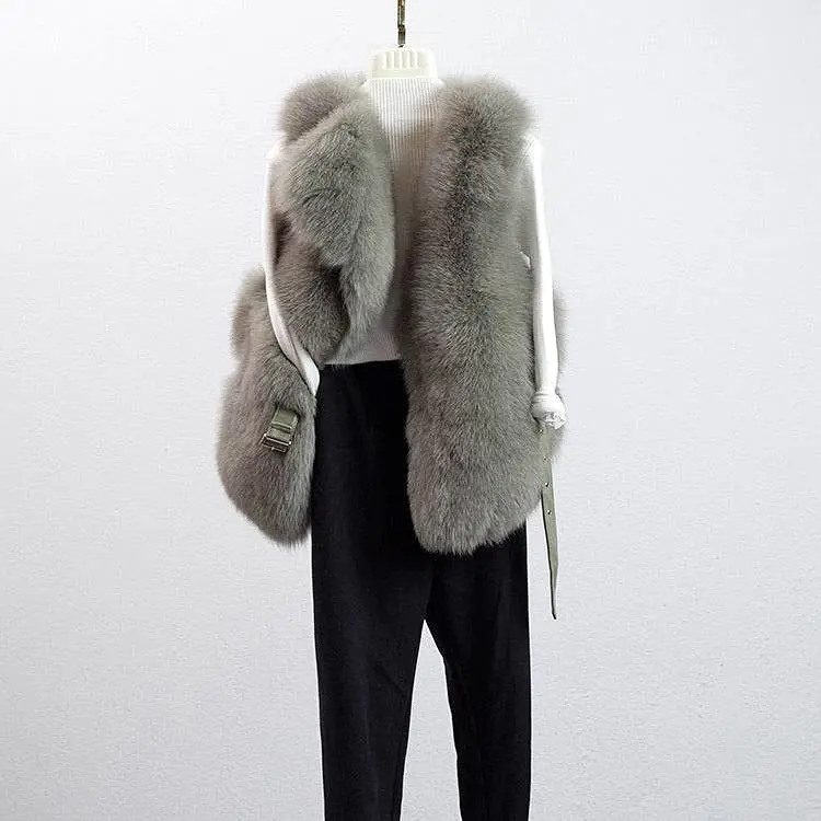 Luxury Soft Fox Fur Gilet With Leather Belt