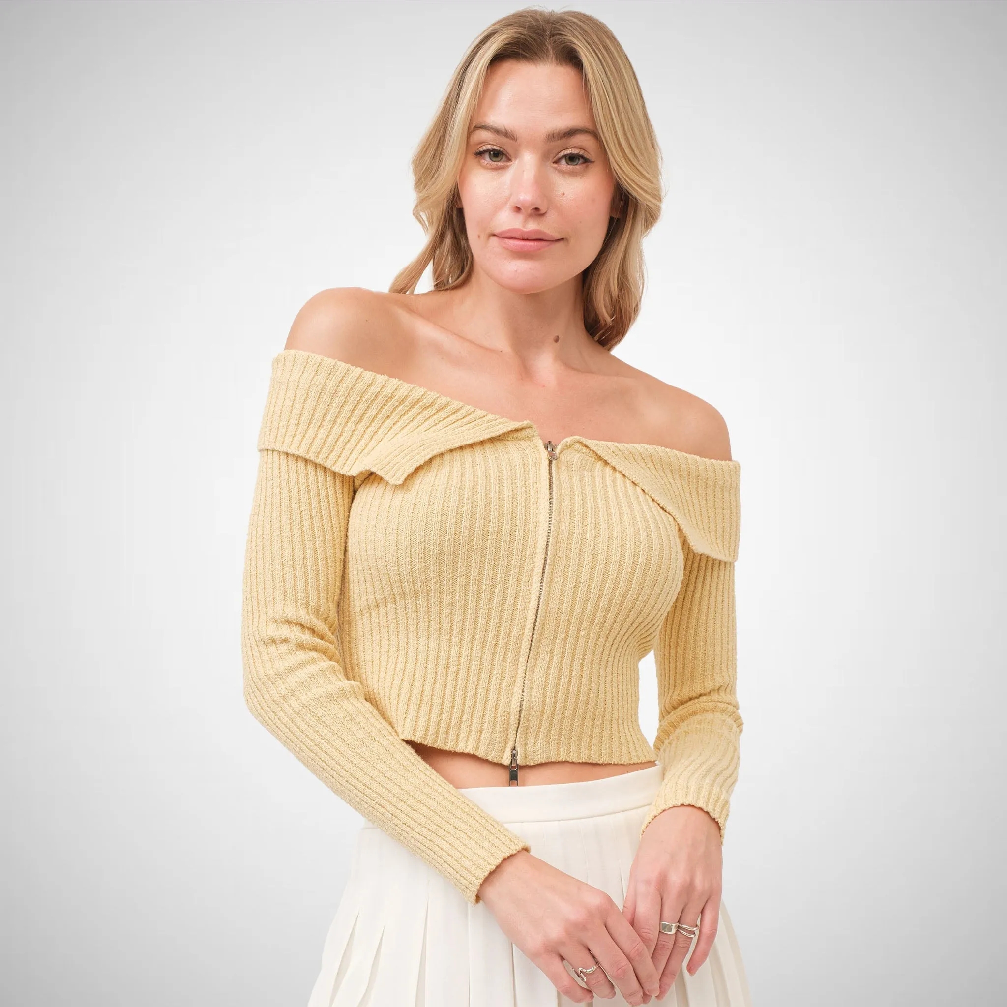 Off Shoulder Zip Up Sweater