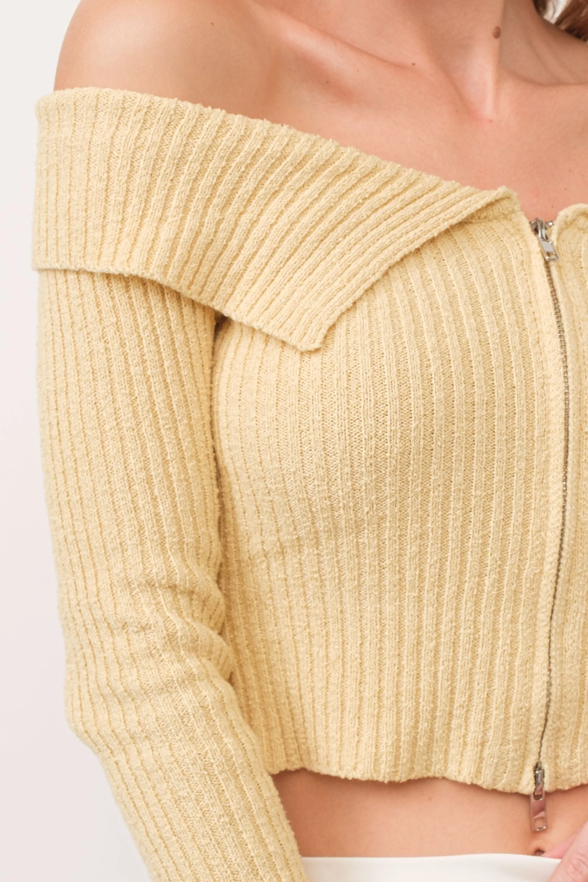 Off Shoulder Zip Up Sweater