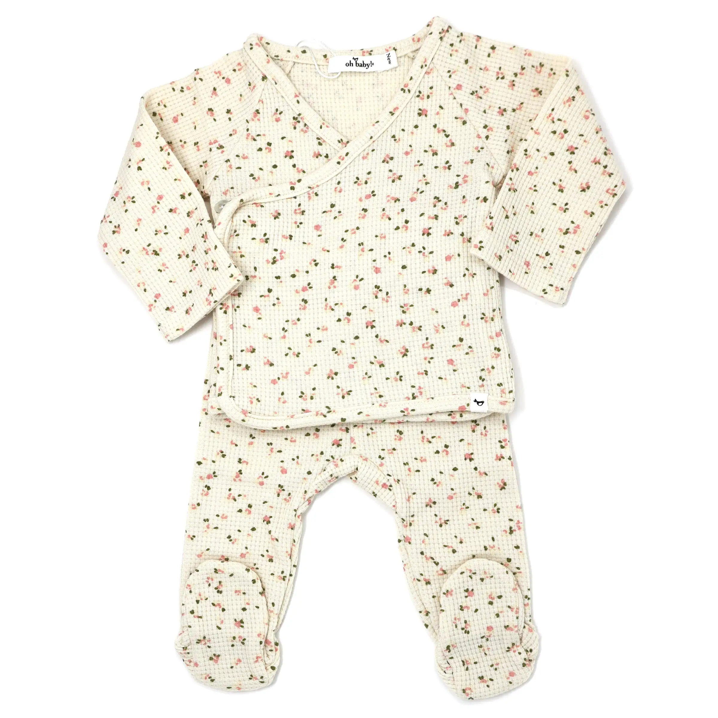 oh baby! Kimono Two Piece Footie Set - Waffle Knit - Roses - Cream