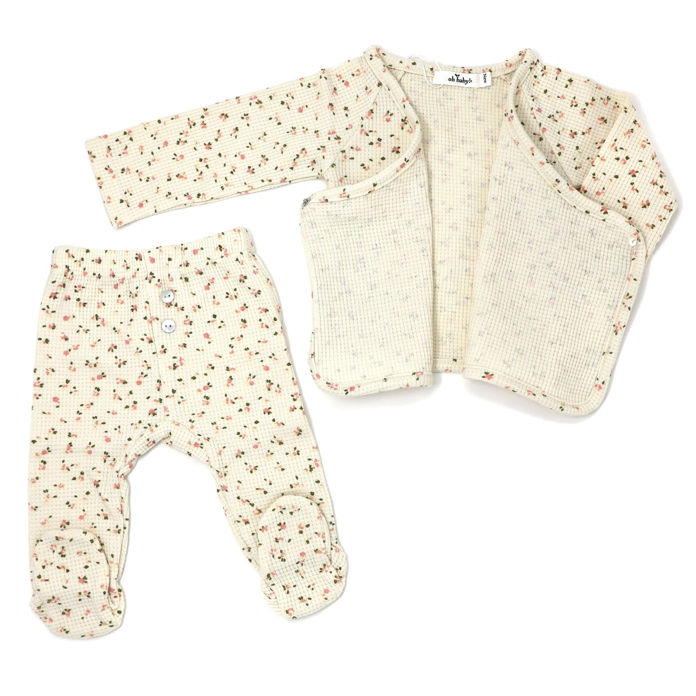 oh baby! Kimono Two Piece Footie Set - Waffle Knit - Roses - Cream