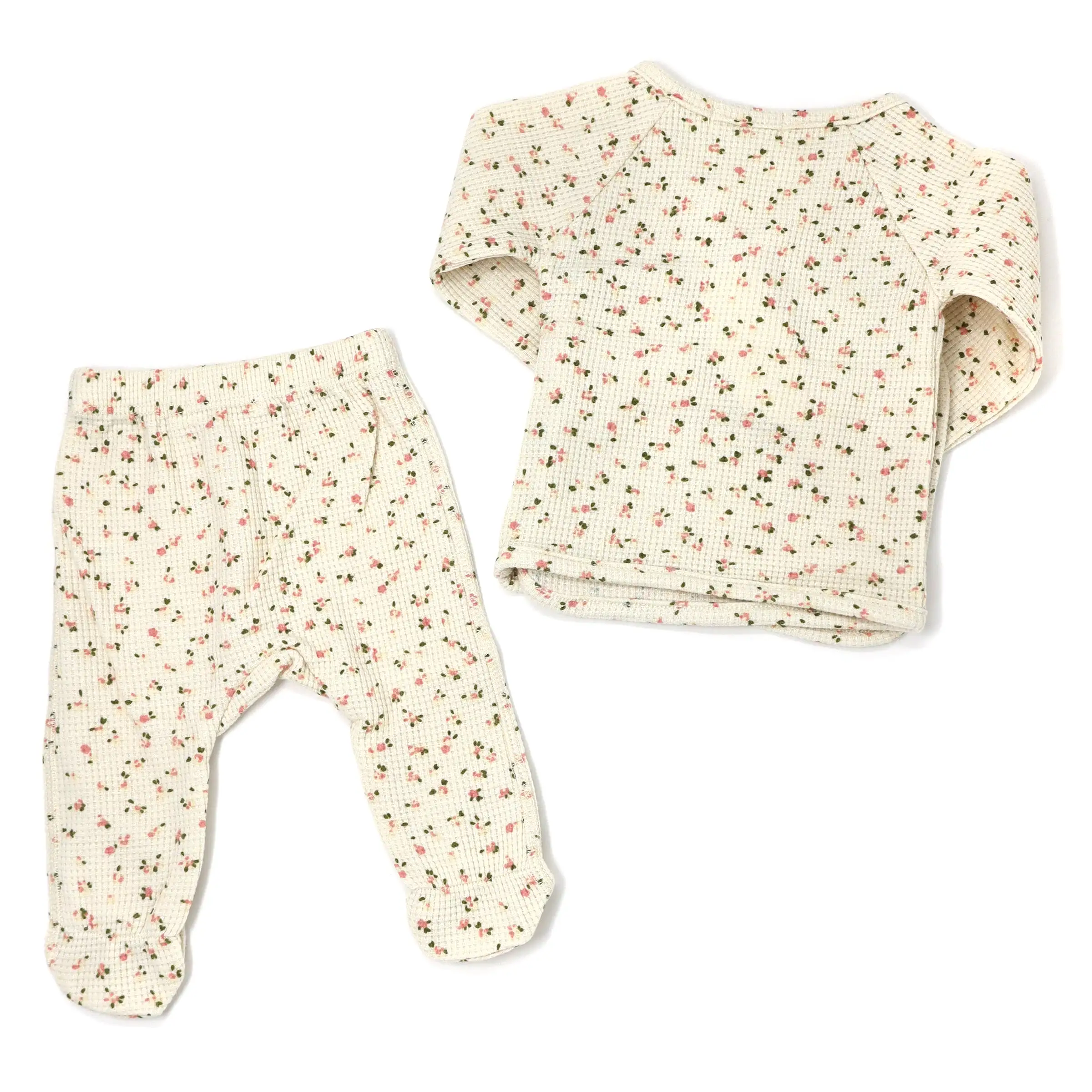 oh baby! Kimono Two Piece Footie Set - Waffle Knit - Roses - Cream