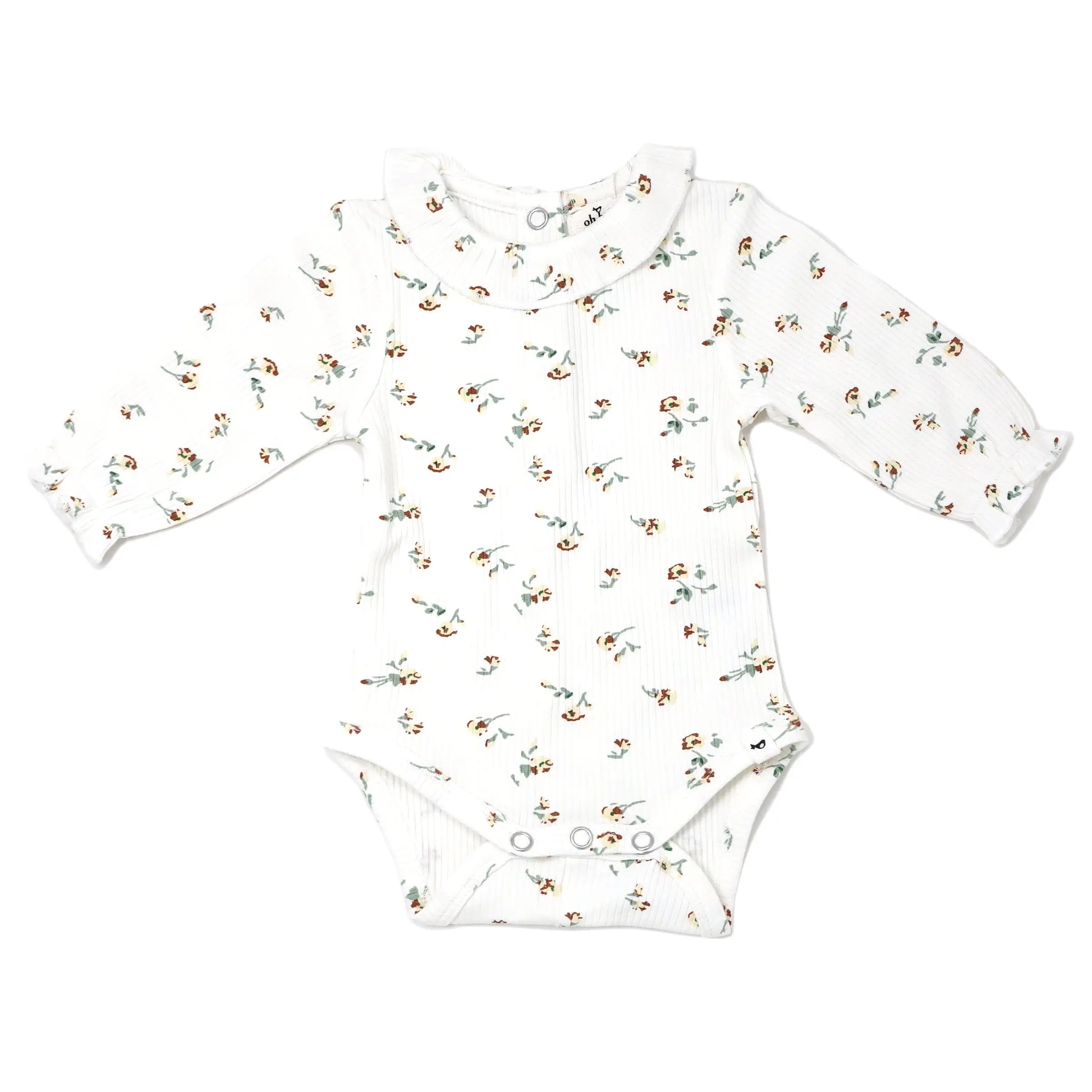 oh baby! Long Sleeve Onesie - Rib Knit Ruffle Collar  - Scattered Flowers - Cream