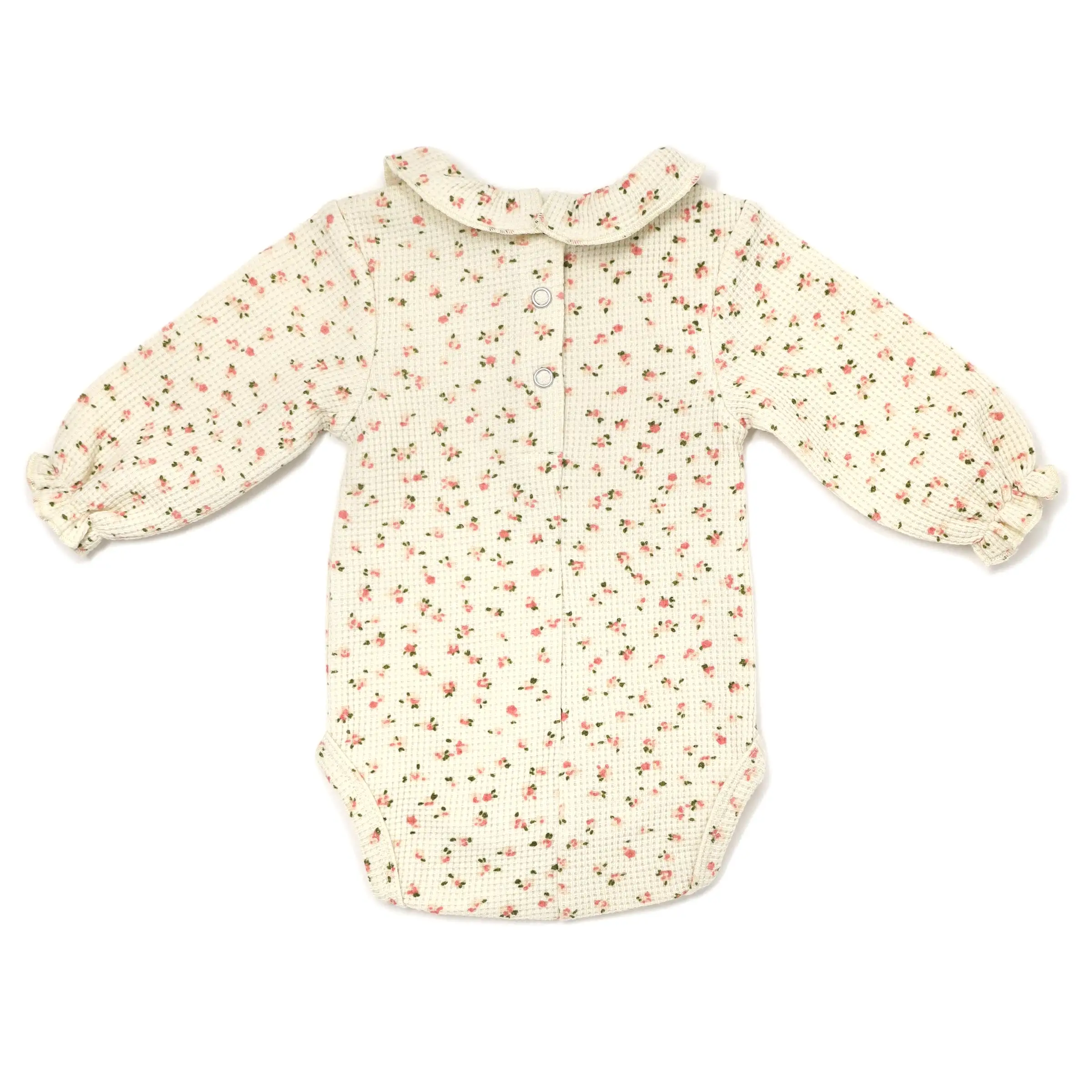 oh baby! Ruffle Collar Waffle Knit Onesie - Roses - Cream